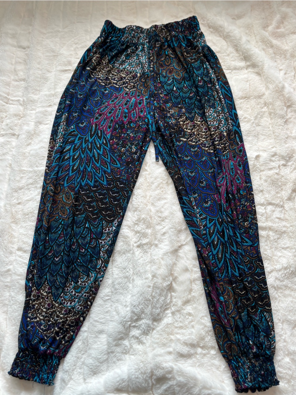 Boho Print Elastic Waist Harem Pants - Teal & Purple